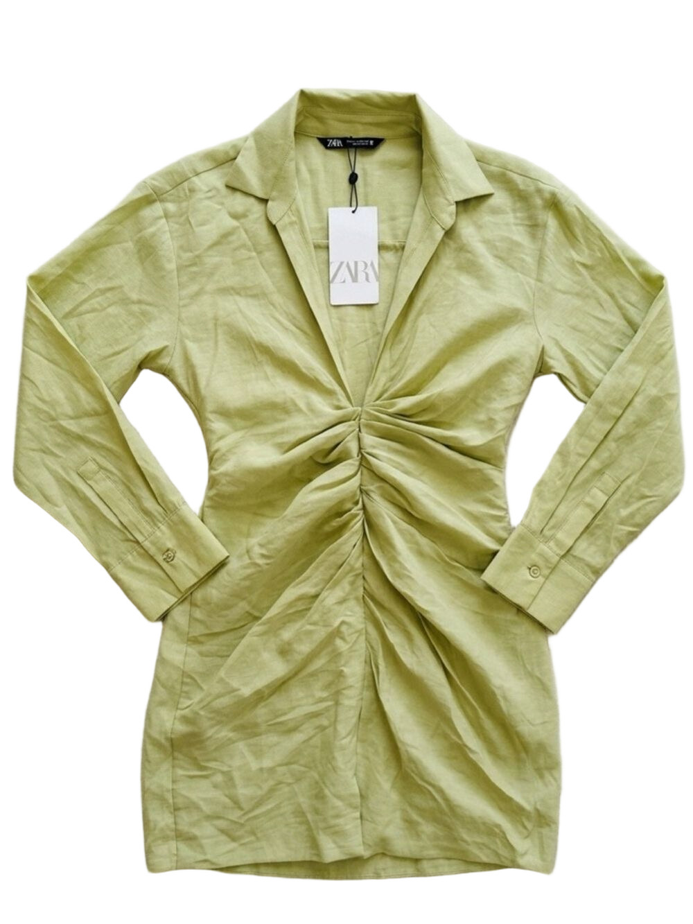 Zara Light Green Draped Mini Dress Lapel Collar Ruched Shirt Dress Small